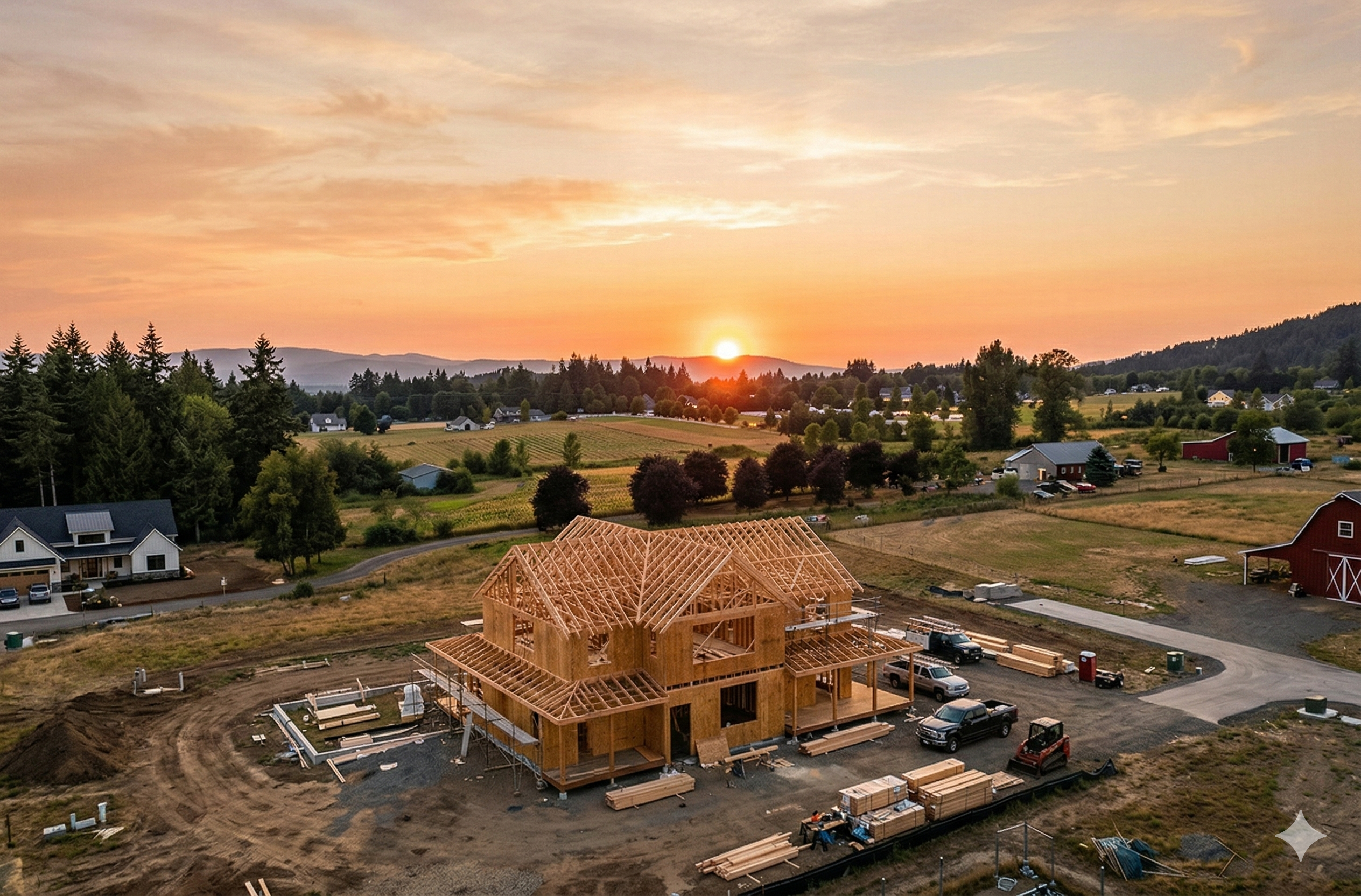 Dřevostavba v realizaci při západu slunce